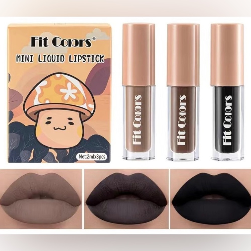 Mushroom 🍄 Lips 3 Pack mini velvet Black & Brown Nude Matte Lipstick Set💄